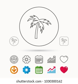 Palm tree icon. Travel or vacation symbol. Nature environment sign. Calendar, Graph chart and Cogwheel signs. Download and Heart love linear web icons. Vector