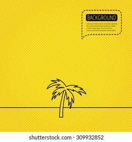 Palm tree icon. Travel or vacation symbol. Nature environment sign. Speech bubble of dotted line. Orange background. Vector