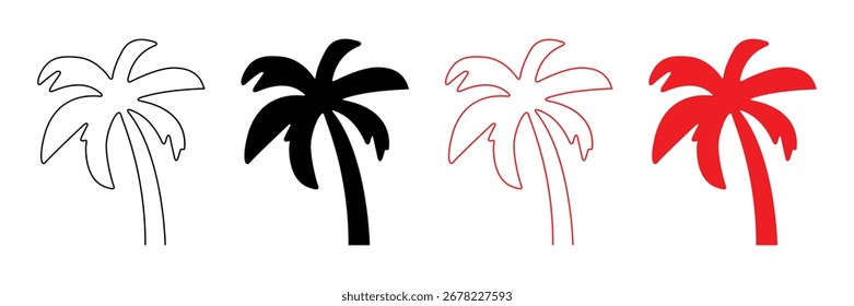 
Variantes del icono de la palmera en diseño negro y rojo del contorno y del relleno, Ilustración vectorial con fondo transparente