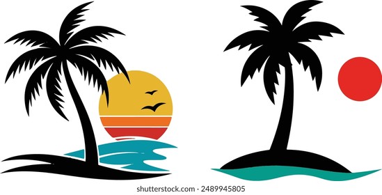 palm tree icon vector logo palm tree isolated pattern clip art palm tree symbol illustration separated background for texture watercolor.dual palm tree with sun and ocean