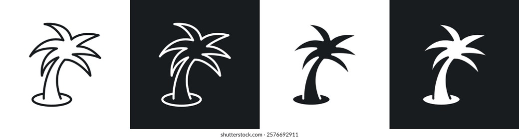 Palm tree icons collection in black and white solid and line style