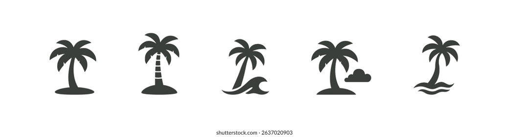 Palm tree icons in flat black tropical style. Summer beach vector symbols for exotic themes