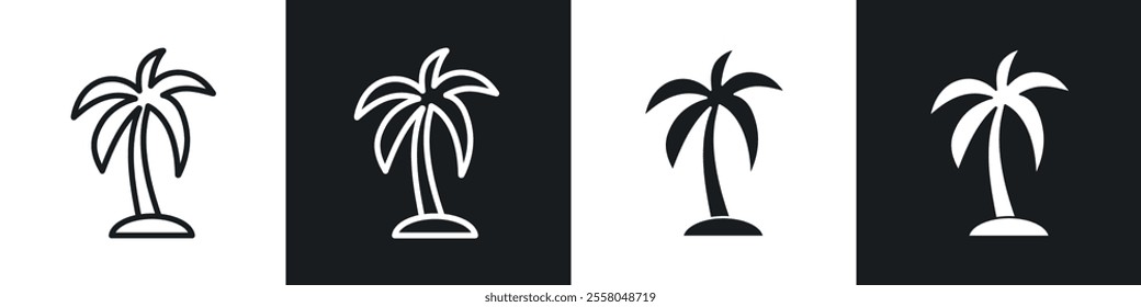 Palm tree icons pack in black and white filled and outlined versions.