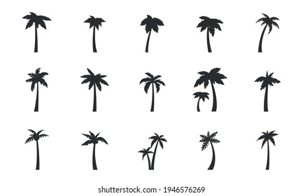 Palm tree icons set. Set of 15 palm icons. Palm tree silhouettes isolated on white background. Coconut, Tropic, Beach, Summer icons template. Vector illustration