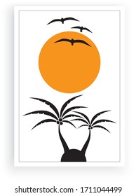 Palm tree illustration and flying birds silhouettes on sunset, vector. Scandinavian minimalist art design. Poster design in frame. Wall art, artwork.