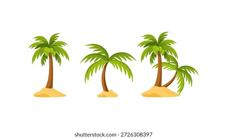 Conjunto de ilustración de palmeras con vibraciones de playa tropical, cocoteros verdes en suelo arenoso. Perfecto para el diseño de verano, tema de la isla, viajes, vacaciones, naturaleza y conceptos de fondo tropical.