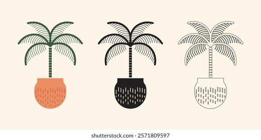 Palm tree illustration, silhouette palm tree and  hand drawn palm tree in pot vector design