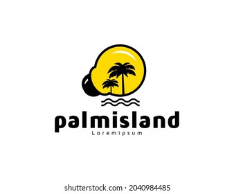 Palm tree island in bulb logo illustration design