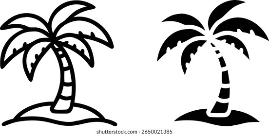 Palm Tree Island Icons – Black and White Tropical Beach Nature Vector Set
