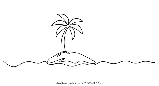 Palm tree island line art vector illustration minimalist continuous drawing tropical beach and ocean concept