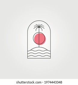 Palm Tree Island Line Logo Vector Symbol With Sunset Illustration Design, Minimal Emblem Design