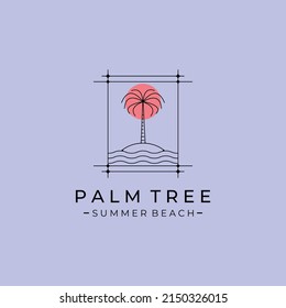 palm tree island line logo vector symbol with sunset illustration design, minimal emblem design