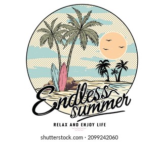 Palm tree island print design for t shirt print  poster  sticker  background   other uses  Beach vibes and surfing board vintage print design 