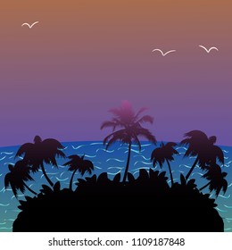 Palm tree island, purple sunset, silhouette on ocean background, vector