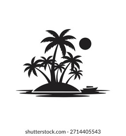 Palm tree island solid black vector icon isolated white background ocean beach paradise summer holiday nature symbol design graphic illustration