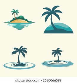 Palm Tree Island Vector Collection, Flat Design Tropical Beach Icons