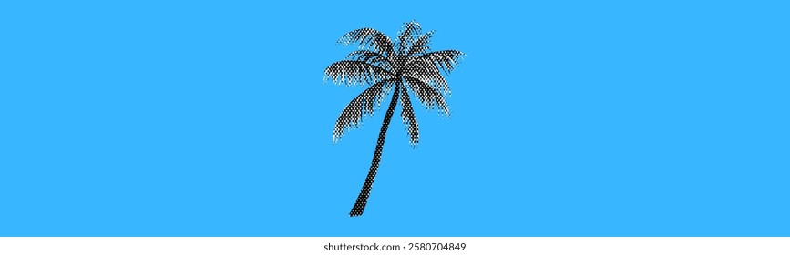 palm tree isolated on blue background retro grunge punk halftone dotted effect vintage cut-out black dots collage element for mixed media design tropical summer plant object