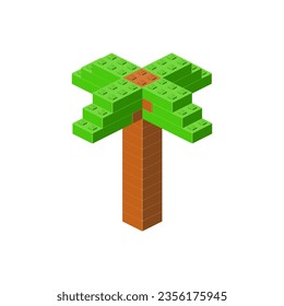 Palm tree in isometry. Toy made of plastic blocks. Vector illustration. Pixel art