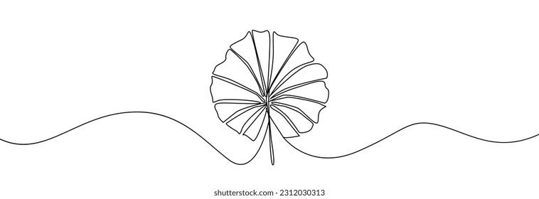 Dibujo de una línea de hoja de palmera. Dibujo de una línea de hoja tropical.Dibujo continuo de la hoja de palmera tropical.Hoja de palmera exótica de una sola línea. Esbozo de contorno de hojas.