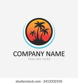 Palm tree and palm leaf summer logo template vector illustration