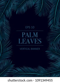 Palm tree leaves background template. Tropical greeting card.