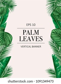 Palm tree leaves background template. Tropical greeting card.
