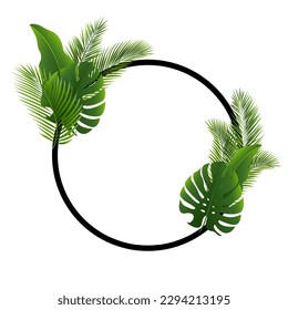 Palm Tree Leaves Black Frame Isolated White Background  With Gradient Mesh, Vector Illustration