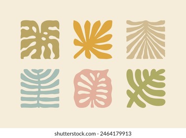 Palm Tree Leaves Boho Nature Illustration Set. Groovy Geometric Summer Palm Leaf. Vector Summer Abstract Square Tropical Icons in Freehand Retro Style for Logo, Print, Pattern, Poster, Web Design