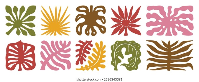 palm tree leaves boho silhouette nature set. groovy summer palm leaf geometric poster. summer abstract square tropical icons freehand retro style. Vector illustration