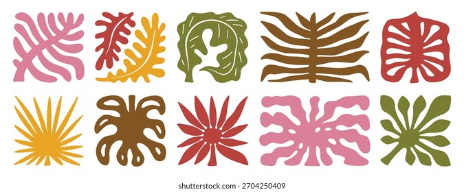 Conjunto de naturaleza de silueta boho de hojas de palmera. Póster geométrico de hoja de palmera de verano. Iconos tropicales cuadrados abstractos de verano estilo retro a mano alzada. Ilustración vectorial