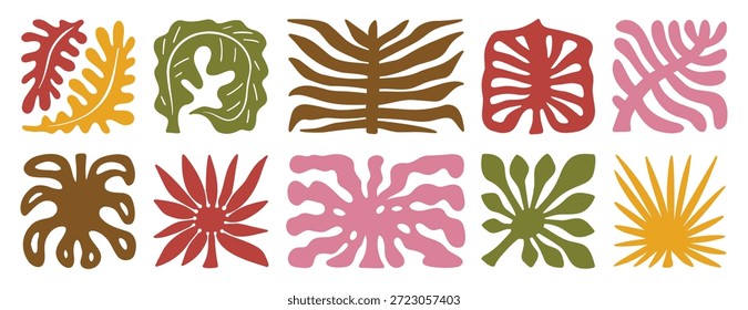 palm tree leaves boho silhouette nature set. groovy summer palm leaf geometric poster. summer abstract square tropical icons freehand retro style. Vector illustration