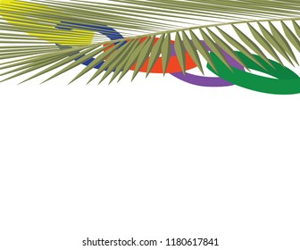 Palm tree leaves and colorful paper decoration on white background