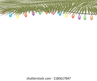 Palm tree leaves and colorful string lights on white background