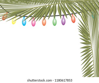 Palm tree leaves and colorful string lights