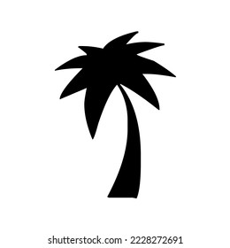 Palm tree with leaves, exotic and tropical plant, graphic, vector, illustration in black color, isolated on white background