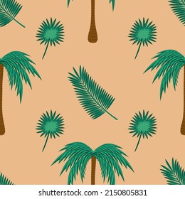 Palm tree and leaves flat vector seamless pattern. Coconut tree. Natural botanic element. Summertime beach relaxing background.