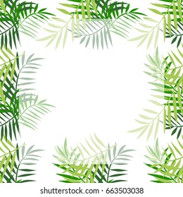 Palm tree leaves frame or border. Tropical greeting card. Invitation template. Trendy summer tropical leaves design. Isolated on white.