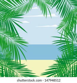 palm tree leaves framing beach and sea landscape, vector format very easy to edit, individual objects