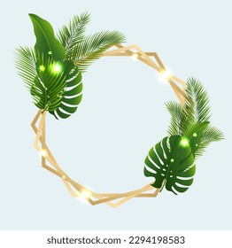 Palm Tree Leaves Golden Frame Isolated White Background With Gradient Mesh, Vector Illustration