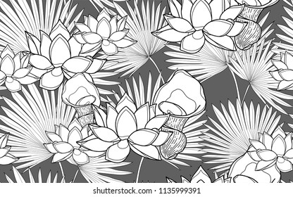 Palm tree leaves and lotus flowers. Big leaves and exotic flowers composition. Vector illustration. Botanical seamless wallpaper. Digital nature art. Cartoon style sketch. Grey background.