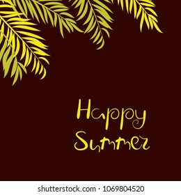 Palm tree leaves on dark background with Happy Summer text.