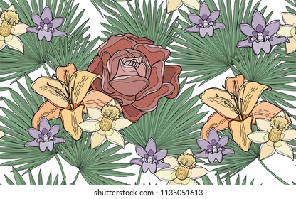 Palm tree leaves, roses and hawaiian flowers. Big leaves and exotic flowers composition. Vector illustration. Botanical seamless wallpaper. Digital nature art. Cartoon style sketch. White background.