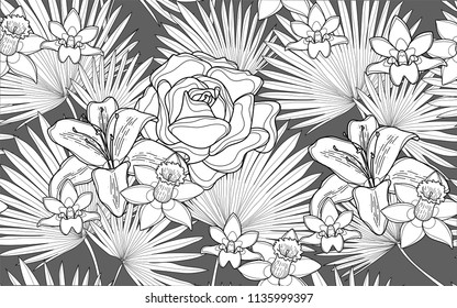 Palm tree leaves, roses and hawaiian flowers. Big leaves and exotic flowers composition. Vector illustration. Botanical seamless wallpaper. Digital nature art. Cartoon style sketch. Grey background.