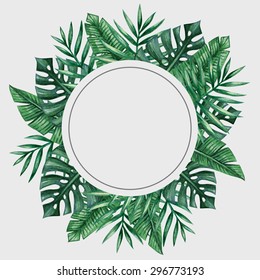 Palm Tree Leaves Round Frame. Tropical Greeting Card