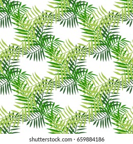 Palm tree leaves seamless pattern. Tropical greeting card. Invitation template. Trendy summer tropical leaves design. Isolated on white.