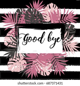 Palm tree leaves tropical background. Exotic vector illustration on black with gold frame. Good bye summer prescription. backdrop for banner, wallpaper or seasonal greeting card