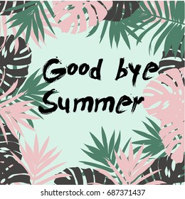 Palm tree leaves tropical background. Exotic vector illustration on black with gold frame. Good bye summer prescription. backdrop for banner, wallpaper or seasonal greeting card