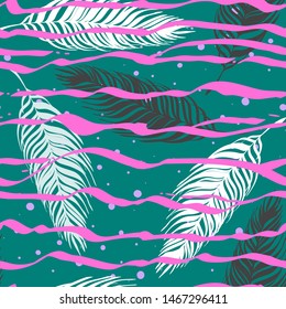 Palm tree leaves tropical seamless pattern striped animal zebra print. Floral pattern with torn stripes and drops. Exotic endless background with tropical leaves.
