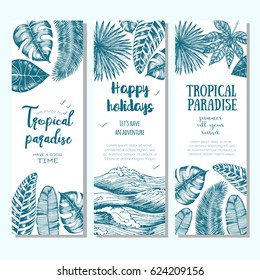 Palm tree leaves vector illustration. Vertical banner set with palm leaves and flowers. Engraved vintage design template