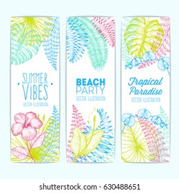 Palm tree leaves vector illustration. Bright vertical banner set with palm leaves and flowers. Engraved vintage design template